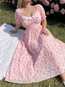 Lyrianda Plus Size Summer Short Sleeve Ruched Plaid Green Floral Fresh Style Lace-Up Vacation Dress - Multicolor - View 4