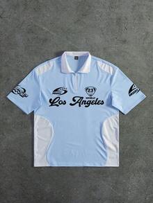 PAVTROS Kemeja Polo Pria Kasual dengan Motif Huruf Blok Warna, Motif Sepak Bola Musim Panas - Biru - View 4