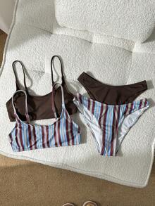 Swim Mod Ensemble de maillot de bain pour femmes minimaliste premium couleur café + imprimé rayé Ensemble vacances à la plage style décontracté polyvalent Maillot de bain pour femmes - Multicolore - Voir 1
