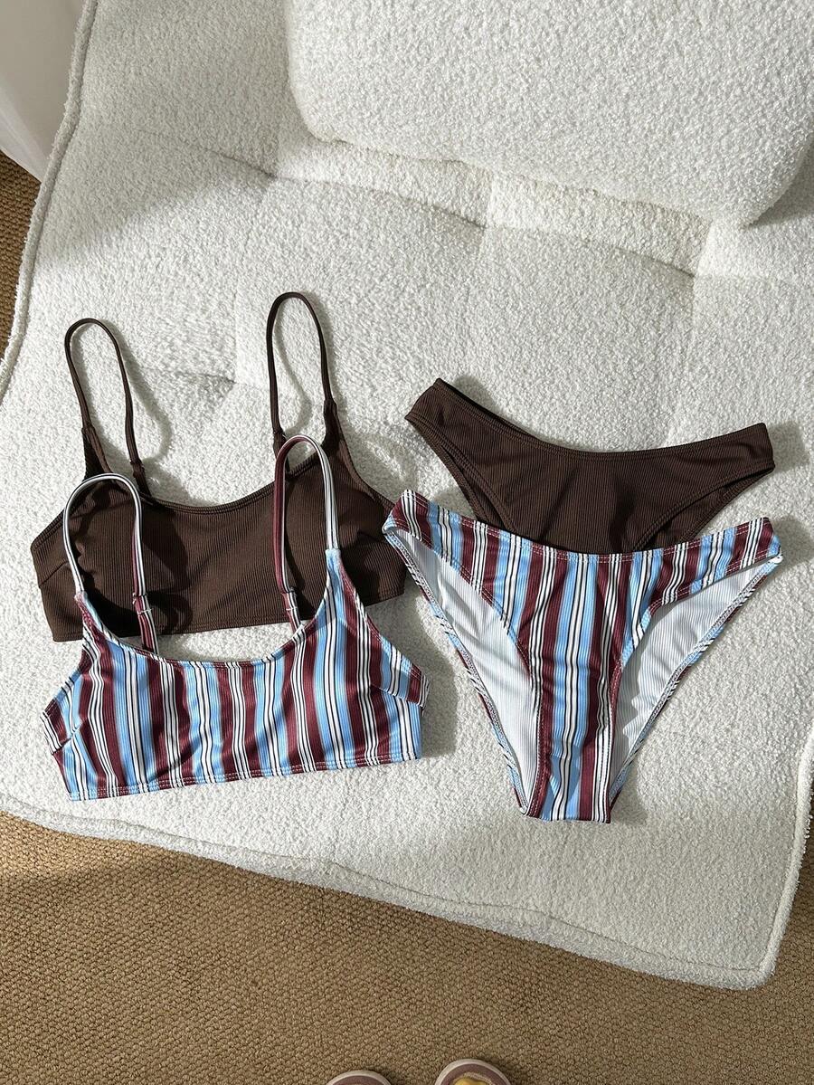 Swim Mod Ensemble de maillot de bain pour femmes minimaliste premium couleur café + imprimé rayé Ensemble vacances à la plage style décontracté polyvalent Maillot de bain pour femmes - Multicolore - Voir 1