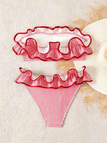 Swim Vcay 2026 Women's Summer Beach Vacation Red And White Striped Pattern Fabric Wavy Ruffle Trim Bandeau Backless Tropical Ruched Triangle Bikini Set - Red - View 2