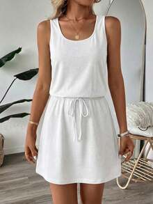 SHEIN LUNE 95 Cotton Casual Basic Minimalist Street Style Pure Cotton Plain White Short 2-In-1 Dress, Women's Summer Going Out Vacation - White - View 3