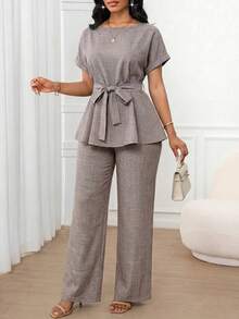 SHEIN Lady 女款時尚簡約繫帶上衣與寬鬆休閒長褲兩件套，適合商務辦公 - 摩卡棕 - 查看 4