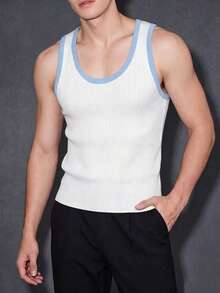 Manfinity Dauomo Men's Slim Fit White And Blue Contrast Color Crew Neck Ribbed Knit Vest Beach Holiday Autumn Casual - Multicolor - View 4
