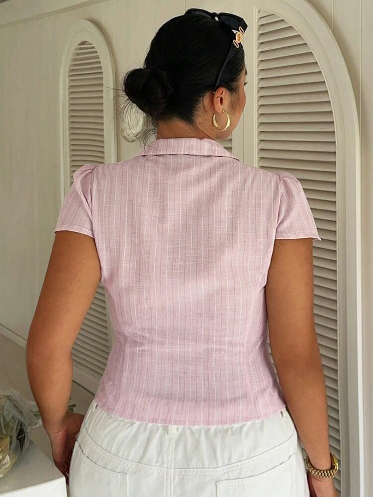 Dazy Plus Solid Color Lapel Slim Fit Minimalist Sexy Pink Short Sleeve Plus Size Women's Spring Summer Elegant Shirt