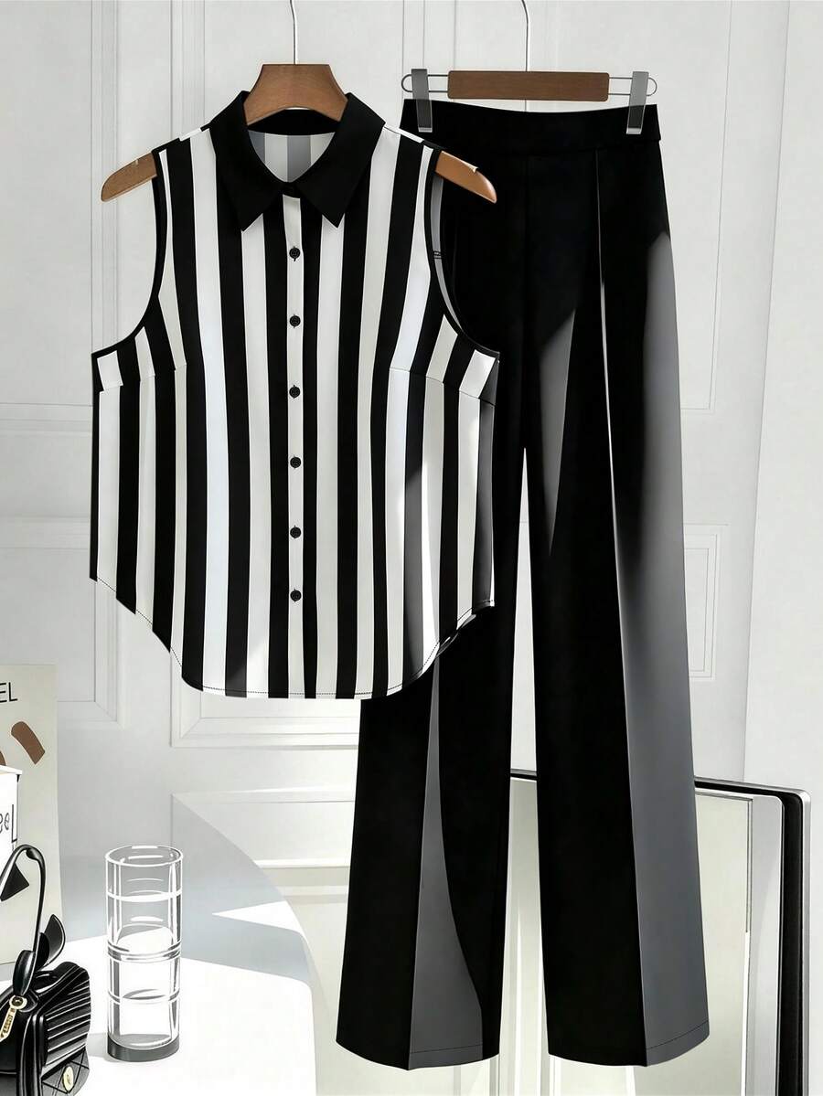 Seusyu Plus Size 2pcs Black And White Pattern Lapel Sleeveless Top And Long Pants Set Office Formal Business Summer Elegant Casual - Black - View 1