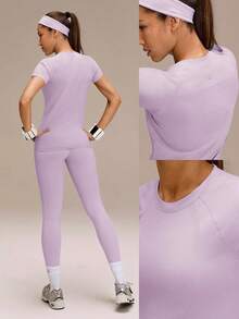 GLOWMODE Seamless Workout Shirt Slim Fit Short Sleeve Sports Tees Gym Athletic Tops Summer - Mauve Purple - View 9