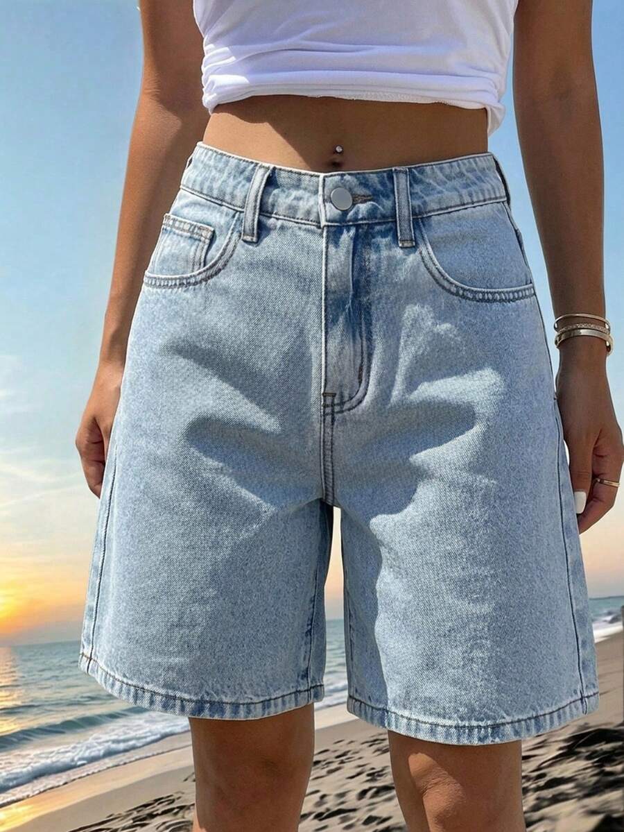 DAZY 女款時尚百搭口袋鈕扣休閒牛仔短褲 夏季 - 淺色水洗藍 - 查看 1