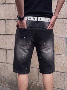 Manfinity EMRG Men's Casual Denim Shorts With Pockets & Letter Patch, Frayed Hem, Holiday - Black - View 2