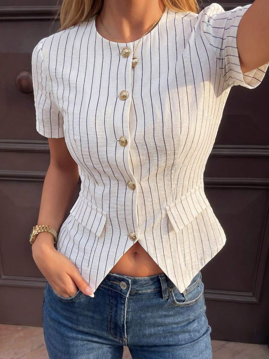 Ritzy Row 女款黑白條紋優雅法式風格梭織圓領短袖襯衫，假口袋上衣，夏季休閒優雅通勤襯衫