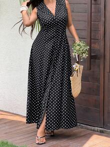 Sunnyshic Vestido Maxi Talla Grande para Mujer con Lunares Negros, Cuello en V con Solapa, Cierre de Botones Delanteros, Cintura Ceñida, Corte A, Elegante Minimalista, Versátil para Vacaciones, Playa, Desplazamiento, Compras, Citas y Uso Diario - Negro - Ver 5