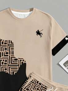 Sorvial Men's Geometric Colorblock Print T-Shirt And Shorts Set, Suitable For Summer Outings - Khaki - View 5