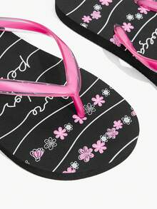 Grefit Ladies Flip-Flops, Summer Printing Contrasting Flip-Flops, Round Toe Flat Bottom, Casual Vacation Style, Sandals On The Beach - Black and pink contrasting colors - View 5