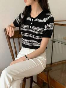 DAZY Women's Business Casual Casual Polo Collar Short Sleeve Knit Top Date Black And White Summer - Black - View 2