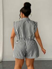 Maweii Plus Size Women's Striped Button-Up Asymmetrical Hem Shirt And Loose Long Pants 2 Pieces Set - Black and White - View 2