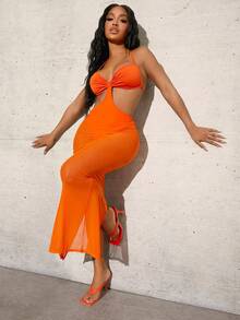 SHEIN SXY Vestido de malla halter con bragas interior bajo con abertura de espalda abierta con cordón de busto con fruncido - Naranja - Ver 5
