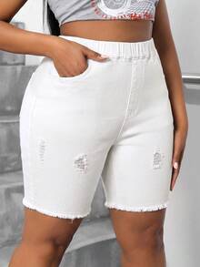 SHEIN SXY Celana Pendek Denim Wanita Ukuran Besar dengan Pinggang Elastis untuk Musim Panas - Putih - View 4