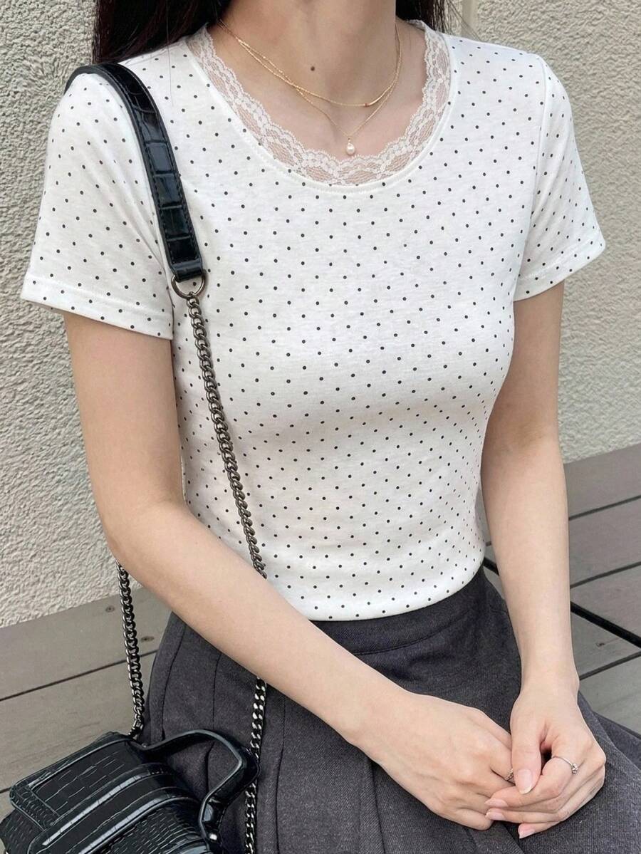 Dazy Tall 女款高個長袖圓點蕾絲拼接休閒T恤,適合高個女孩 - 黑與白 - 查看 1