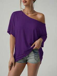 SHEIN ICON American Street Casual Style Asymmetrical Shoulder Loose Fit T-Shirt Solid Black - Purple - View 4