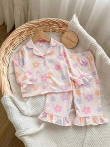 Conjunto de pijama de 2 piezas para bebé niña, dulce y sencillo, con patrón de lazo, solapa, botones, volantes, manga larga y pantalones largos, cómodo y agradable al tacto, de punto - Multicolor - Ver 6