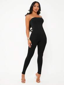 SHEIN SXY Solid Backless Tube Unitard Jumpsuit - Black - View 4