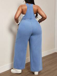 Slaydiva New American Retro Loose Straight Leg Wide Leg Denim Overalls Floor Length Jumpsuit - Light Wash - View 2