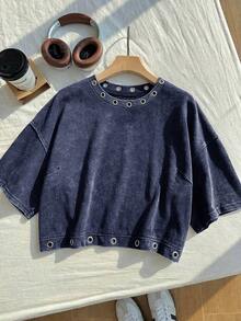 Comfortcana Summer Pure Cotton Snow Wash Plus Size Short Sleeve T-Shirt Vacation Navy Blue Military Cowboy - Navy Blue - View 3
