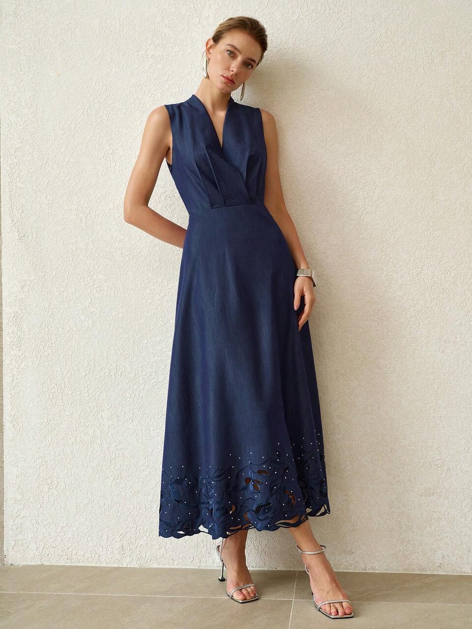 SPRING/SUMMER ELEGANT V-NECK EMBROIDERED RHINESTONE A-LINE DRESS
