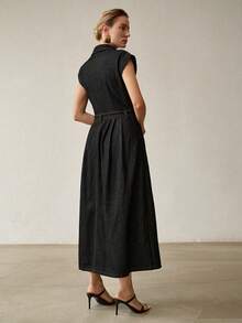 MOTF PREMIUM SPRING/SUMMER WOMEN'S CASUAL COMMUTER FRONT BUTTON DENIM DRESS WITHOUT BELT - Dark Wash - View 4