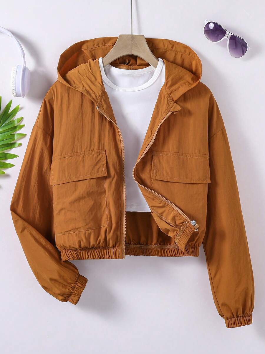 SHEIN Tween Girl Solid Color Dropped Shoulder Long Sleeve Utility Pocket Zipper Placket Hooded Jacket - Khaki - View 1