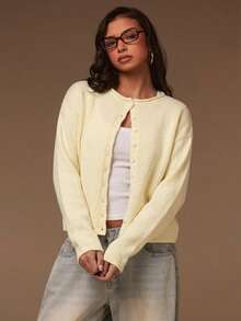 Athîral Petite Women's Petite Solid Color Off-Shoulder Long Sleeve Single-Breasted Casual Knit Cardigan, Suitable For Dating And Gatherings Office Pale Yellow Autumn - Yellow - View 5