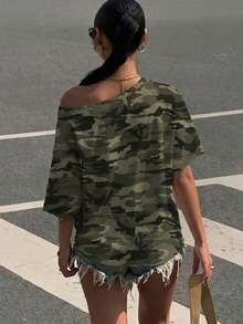 Muchica Women's Plus Size Asymmetrical Shoulder Casual Loose Camouflage T-Shirt - Multicolor - View 2