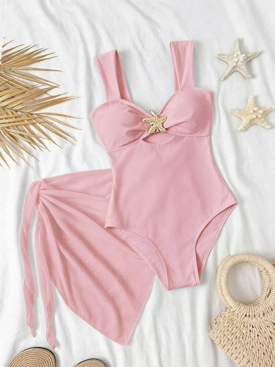 SHEIN 青少年女孩一件式泳衣,紋理布料搭配裙擺網布,適合海灘泳池休閒度假,春夏款 - 淺粉色 - 查看 1