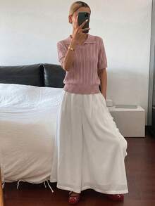 DAZY 條紋 Polo 領短袖休閒春夏季女款針織上衣 - 粉色 - 查看 7
