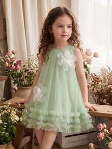 SHEIN Glamorique Kids 女嬰夏季綠色無袖碎花洋裝，甜美可愛風，優雅正式穿著，適合秋季 - 綠色 - 查看 10