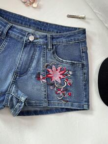 Elamini 女款春夏度假戶外通勤花卉刺繡四季通用淺藍色多口袋牛仔短褲 - 淺色水洗藍 - 查看 5