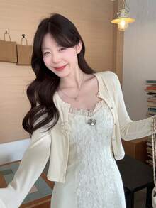 DAZY 两件套女式韩版拼接连衣裙和开衫套装，优雅的春夏休闲套装 - 杏色 - 查看 6