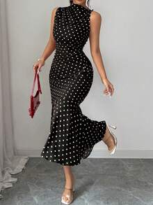 Rafferiza Women's Red Polka Dot Waist-Cinched Slimming Bodycon Mermaid Dress - Black - View 3
