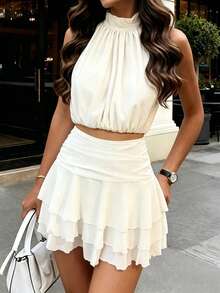 SHEIN PariChic Women's Elegant And Romantic Halter Neck, Fitted Waist, Pleated Ruffle Set In Apricot And White, Short Set, New Spring/Summer Set, Valentine's Day Date Set, Vacation Casual Set, Sheer Chiffon Romantic Set, Sleeveless Spring/Summer Multi-Layered Ruffle Short Set Women Clothes Set Halter Neck Set Mini Set White 2-Set,Birthday Set, Wedding Guest Set - Apricot - View 6
