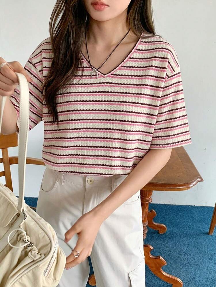 Women's Striped V-Neck Short Sleeve Casual Versatile T-Shirt