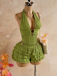 Soleia Women's Ruffle Hem Backless Halter Neck Romper - Green - View 8
