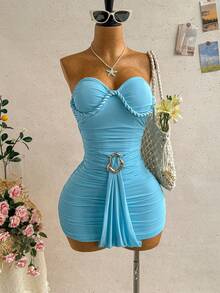 Soleia Women's Fashion Elegant Tropical Beautiful Sexy Summer Fresh Bandeau Dress Beach Vacation Light Blue - Blue - View 4