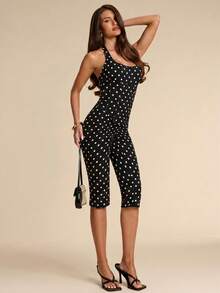 SHEIN BAE Summer Black And White Polka Dot Vintage Cinched Waist Mid-Length Jumpsuit, Suitable For Cocktail Parties, Romantic Dates, Gatherings, Formal Events, Fashionable Outings - Black - View 6