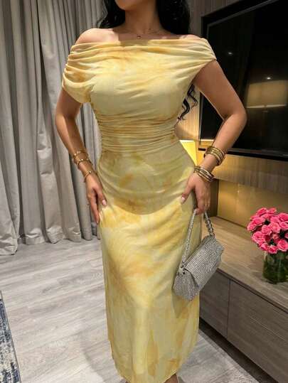 Modelyn 女款夏季優雅不對稱領口收腰洋裝