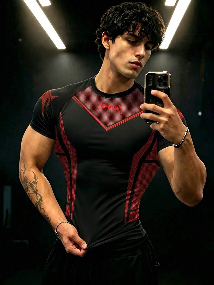GymBeat Men's Contrast Color Mesh Patchwork Slim Fit Short Sleeve Sports T-Shirt, Gym - Multicolor - View 1