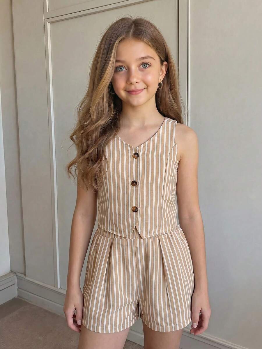 SHEIN Tween Girl Matching Casual Minimalist Comfortable V-Neck Button-Up Top And Shorts Set - Multicolor - View 1