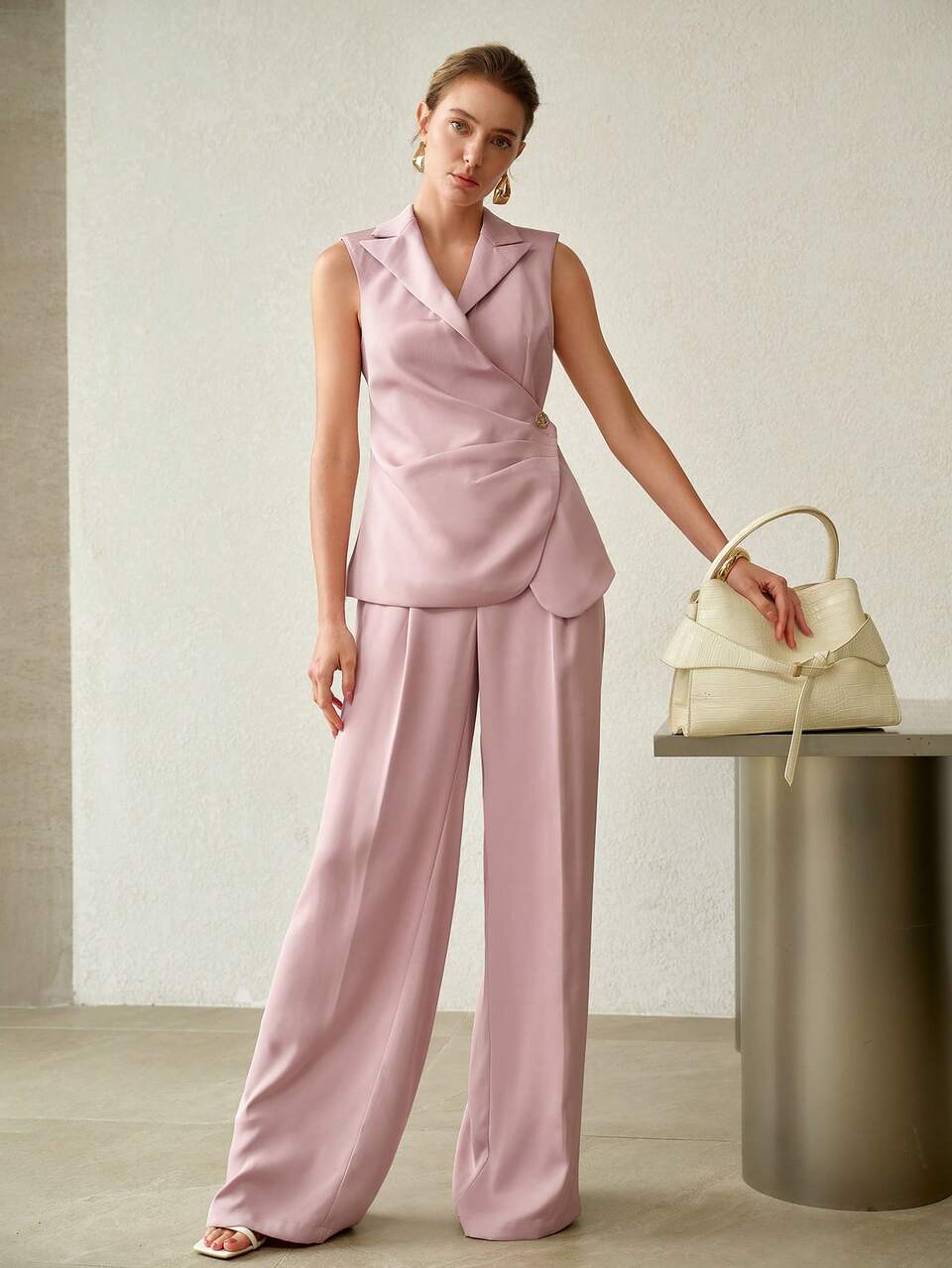 SPRING/SUMMER DRAPED ELEGANT ASYMMETRIC WAIST WIDE LEG LONG PANTS
