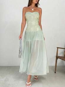 Firerie Women's Elegant Sexy Romantic Beach Vacation Golf Garden Party Holiday Date Strapless Dress Pastal Floral Summer Sage Green - Green - View 1