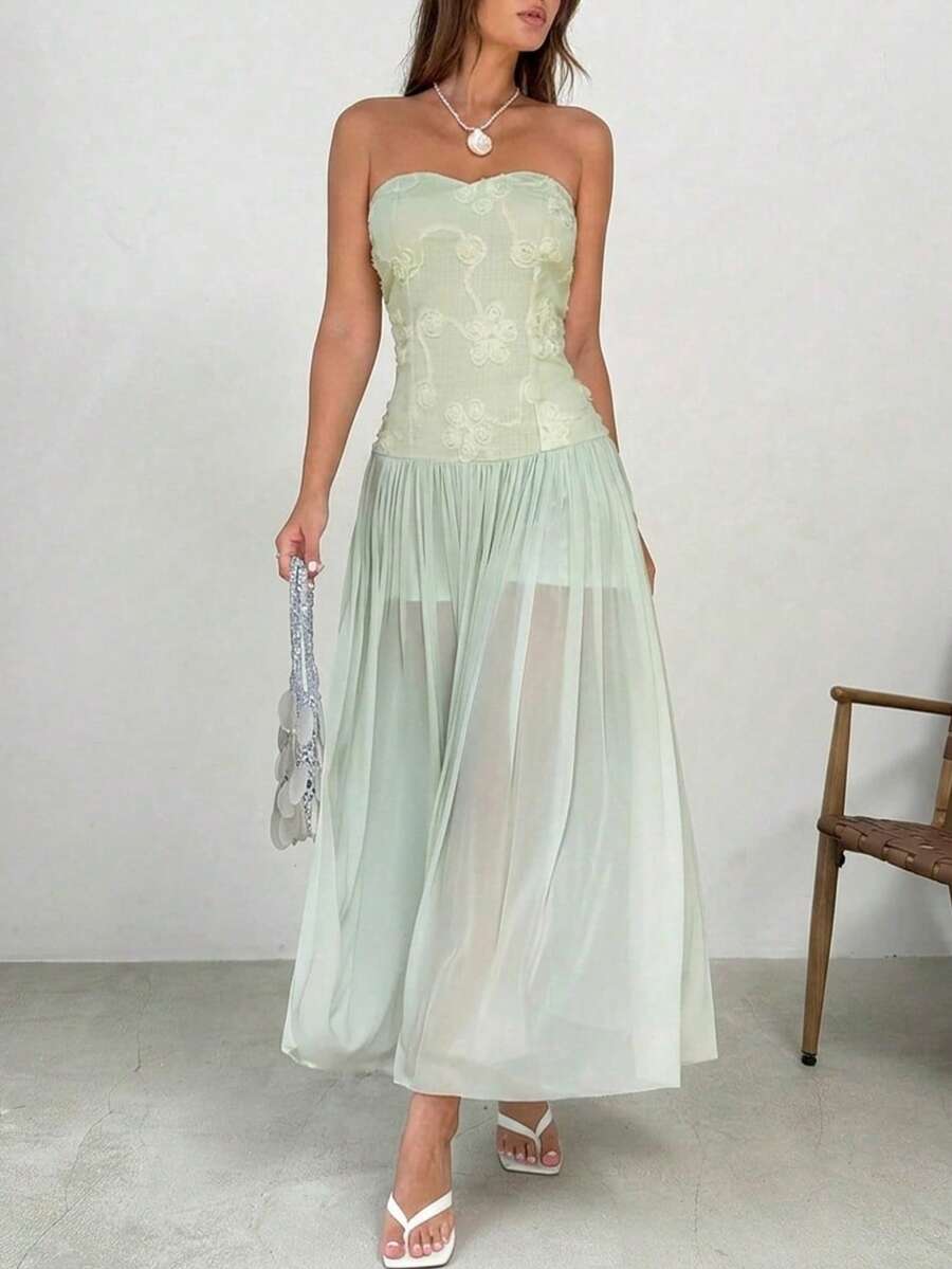 Firerie Women's Elegant Sexy Romantic Beach Vacation Golf Garden Party Holiday Date Strapless Dress Pastal Floral Summer Sage Green - Green - View 1
