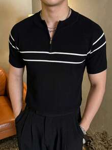 DAZY Short Sleeve Round Neck Half-Button Striped Contrast Design Men's Knit Top - Black - View 4